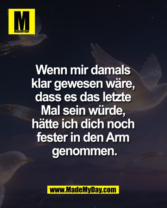 Wenn mir damals <br />
klar gewesen w&auml;re, <br />
dass es das letzte <br />
Mal sein w&uuml;rde, <br />
h&auml;tte ich dich noch <br />
fester in den Arm <br />
genommen.