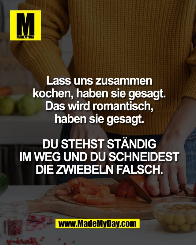 Lass uns zusammen<br />
kochen, haben sie gesagt.<br />
Das wird romantisch,<br />
haben sie gesagt.<br />
<br />
DU STEHST ST&Auml;NDIG<br />
IM WEG UND DU SCHNEIDEST<br />
DIE ZWIEBELN FALSCH.