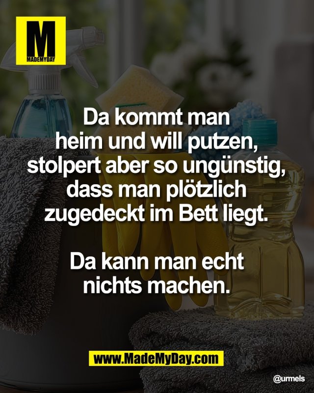 Da kommt man <br />
heim und will putzen, <br />
stolpert aber so ung&uuml;nstig, <br />
dass man pl&ouml;tzlich <br />
zugedeckt im Bett liegt. <br />
<br />
Da kann man echt <br />
nichts machen.