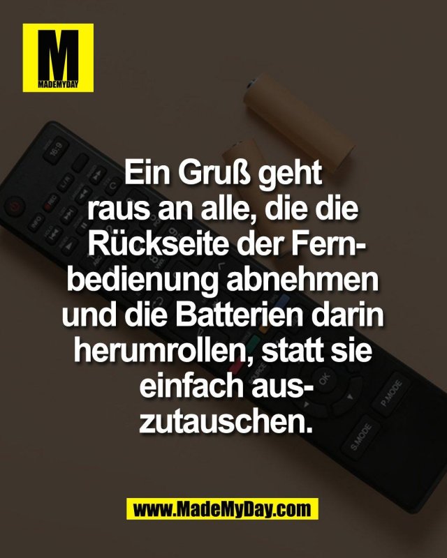 Ein Gru&szlig; geht <br />
raus an alle, die die <br />
R&uuml;ckseite der Fern-<br />
bedienung abnehmen <br />
und die Batterien darin <br />
herumrollen, statt sie <br />
einfach aus-<br />
zutauschen.
