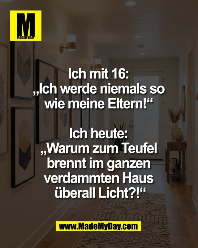 Ich mit 16: <br />
&bdquo;Ich werde niemals so <br />
wie meine Eltern!&ldquo; <br />
<br />
Ich heute: <br />
&bdquo;Warum zum Teufel <br />
brennt im ganzen <br />
verdammten Haus <br />
&uuml;berall Licht?!&ldquo;