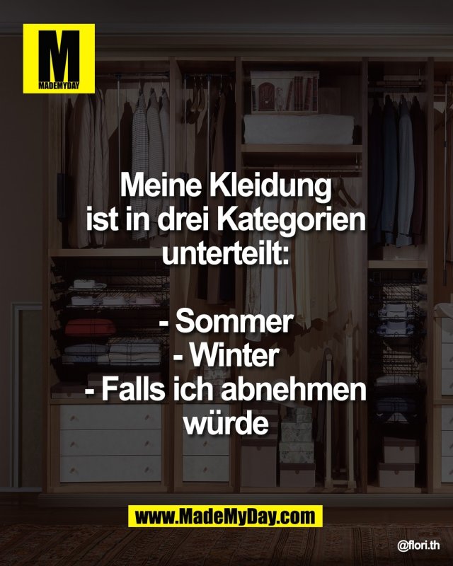 Meine Kleidung <br />
ist in drei Kategorien <br />
unterteilt: <br />
<br />
- Sommer <br />
- Winter <br />
- Falls ich abnehmen <br />
w&uuml;rde