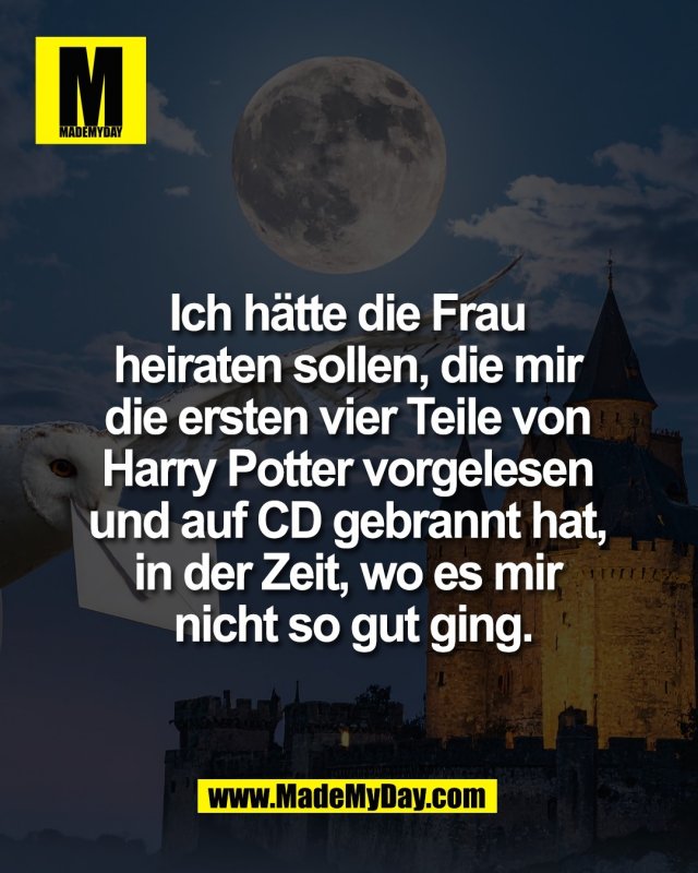 Ich h&auml;tte die Frau <br />
heiraten sollen, die mir <br />
die ersten vier Teile von <br />
Harry Potter vorgelesen <br />
und auf CD gebrannt hat, <br />
in der Zeit, wo es mir <br />
nicht so gut ging.