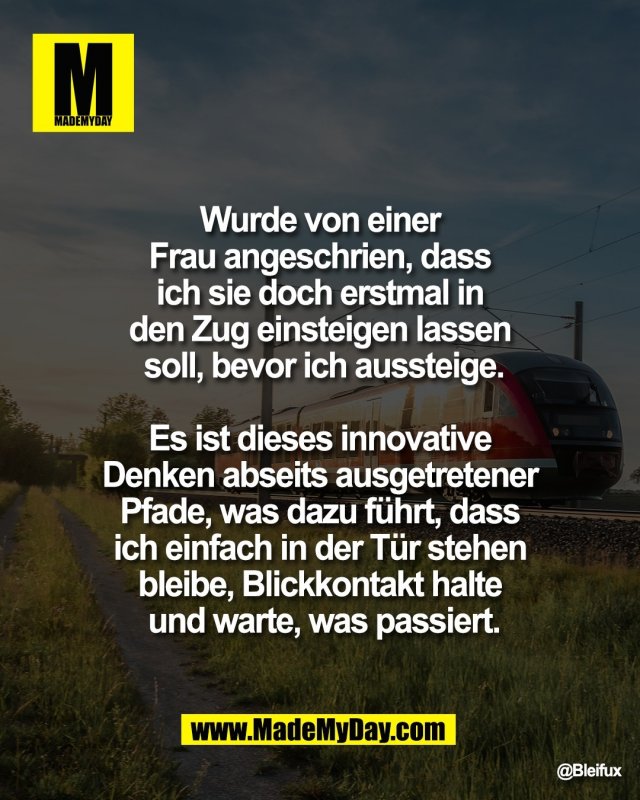 Wurde von einer <br />
Frau angeschrien, dass <br />
ich sie doch erstmal in <br />
den Zug einsteigen lassen <br />
soll, bevor ich aussteige.<br />
<br />
Es ist dieses innovative <br />
Denken abseits ausgetretener <br />
Pfade, was dazu f&uuml;hrt, dass <br />
ich einfach in der T&uuml;r stehen <br />
bleibe, Blickkontakt halte <br />
und warte, was passiert.