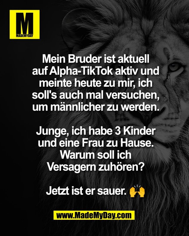 Mein Bruder ist aktuell<br />
auf Alpha-TikTok aktiv und<br />
meinte heute zu mir, ich<br />
soll's auch mal versuchen,<br />
um m&auml;nnlicher zu werden.<br />
<br />
Junge, ich habe 3 Kinder<br />
und eine Frau zu Hause.<br />
Warum soll ich<br />
Versagern zuh&ouml;ren?<br />
<br />
Jetzt ist er sauer. 🙌