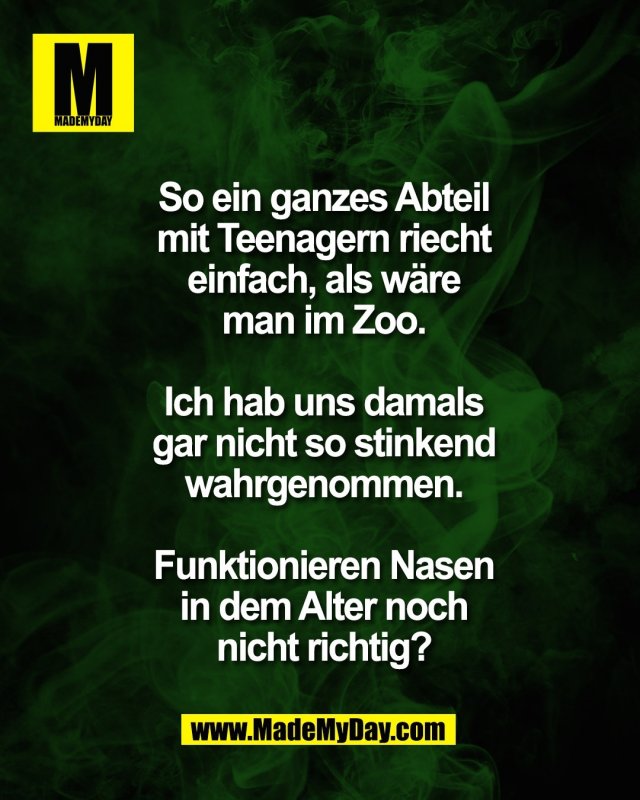 So ein ganzes Abteil<br />
mit Teenagern riecht<br />
einfach, als w&auml;re<br />
man im Zoo.<br />
<br />
Ich hab uns damals<br />
gar nicht so stinkend<br />
wahrgenommen.<br />
<br />
Funktionieren Nasen<br />
in dem Alter noch<br />
nicht richtig?