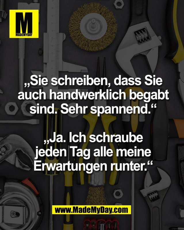 &bdquo;Sie schreiben, dass Sie<br />
auch handwerklich begabt<br />
sind. Sehr spannend.&ldquo;<br />
<br />
&bdquo;Ja. Ich schraube<br />
jeden Tag alle meine<br />
Erwartungen runter.&ldquo;