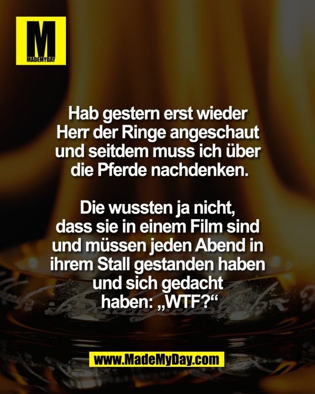 Hab gestern erst wieder <br />
Herr der Ringe angeschaut <br />
und seitdem muss ich &uuml;ber <br />
die Pferde nachdenken.<br />
<br />
Die wussten ja nicht, <br />
dass sie in einem Film sind <br />
und m&uuml;ssen jeden Abend in <br />
ihrem Stall gestanden haben <br />
und sich gedacht <br />
haben: &bdquo;WTF?&ldquo;
