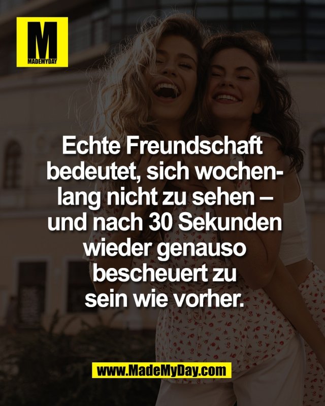 Echte Freundschaft <br />
bedeutet, sich wochen-<br />
lang nicht zu sehen &ndash;<br />
und nach 30 Sekunden<br />
wieder genauso<br />
bescheuert zu<br />
sein wie vorher.