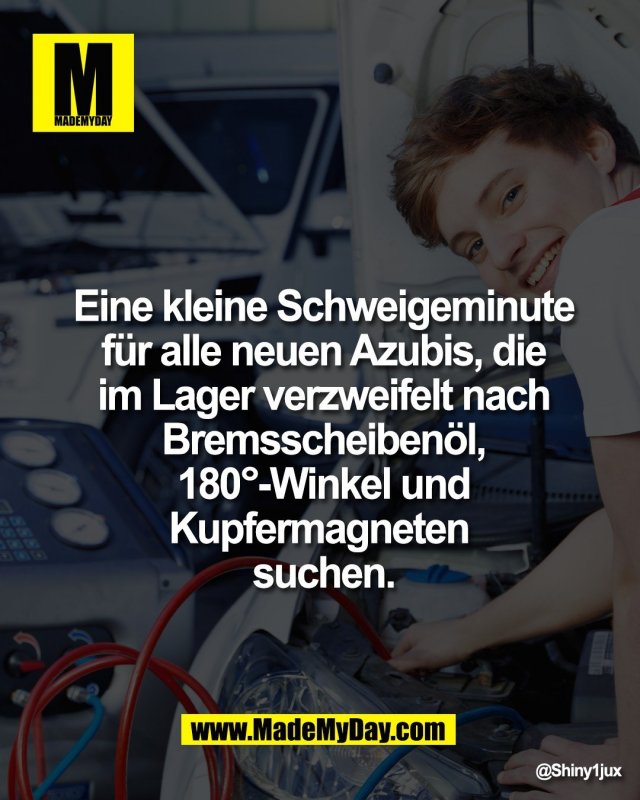 Eine kleine Schweigeminute<br />
f&uuml;r alle neuen Azubis, die<br />
im Lager verzweifelt nach<br />
Bremsscheiben&ouml;l,<br />
180&deg;-Winkel und<br />
Kupfermagneten <br />
suchen.