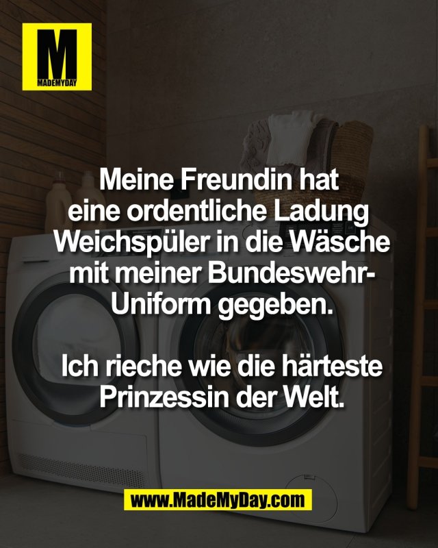 Meine Freundin hat <br />
eine ordentliche Ladung <br />
Weichsp&uuml;ler in die W&auml;sche<br />
mit meiner Bundeswehr-<br />
Uniform gegeben.<br />
<br />
Ich rieche wie die h&auml;rteste<br />
Prinzessin der Welt.