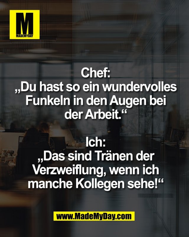 Chef:<br />
&bdquo;Du hast so ein wundervolles<br />
Funkeln in den Augen bei<br />
der Arbeit.&ldquo;<br />
<br />
Ich:<br />
&bdquo;Das sind Tr&auml;nen der<br />
Verzweiflung, wenn ich<br />
manche Kollegen sehe!&ldquo;