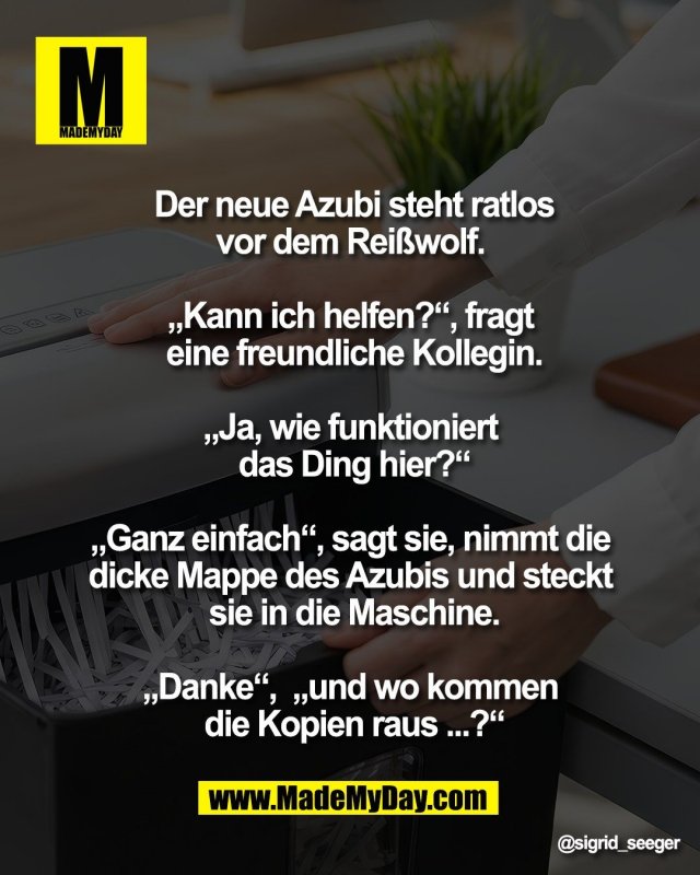 Der neue Azubi steht ratlos<br />
vor dem Rei&szlig;wolf. <br />
<br />
&bdquo;Kann ich helfen?&ldquo;, fragt <br />
eine freundliche Kollegin.<br />
<br />
&bdquo;Ja, wie funktioniert <br />
das Ding hier?&ldquo;<br />
<br />
&bdquo;Ganz einfach&ldquo;, sagt sie, nimmt die <br />
dicke Mappe des Azubis und steckt <br />
sie in die Maschine.<br />
<br />
&bdquo;Danke&ldquo;,  &bdquo;und wo kommen <br />
die Kopien raus ...?&ldquo;
