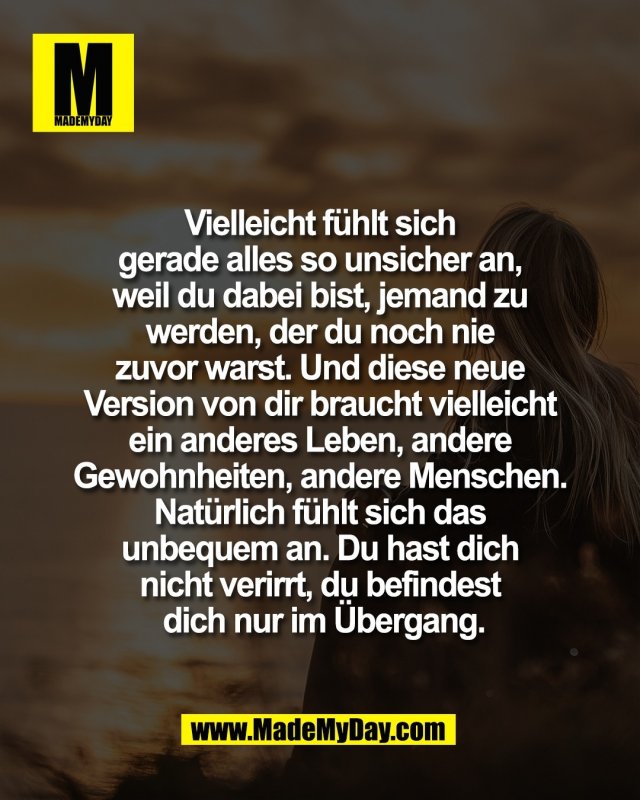 Vielleicht f&uuml;hlt sich <br />
gerade alles so unsicher an, <br />
weil du dabei bist, jemand zu <br />
werden, der du noch nie <br />
zuvor warst. Und diese neue <br />
Version von dir braucht vielleicht <br />
ein anderes Leben, andere <br />
Gewohnheiten, andere Menschen. <br />
Nat&uuml;rlich f&uuml;hlt sich das <br />
unbequem an. Du hast dich <br />
nicht verirrt, du befindest <br />
dich nur im &Uuml;bergang.