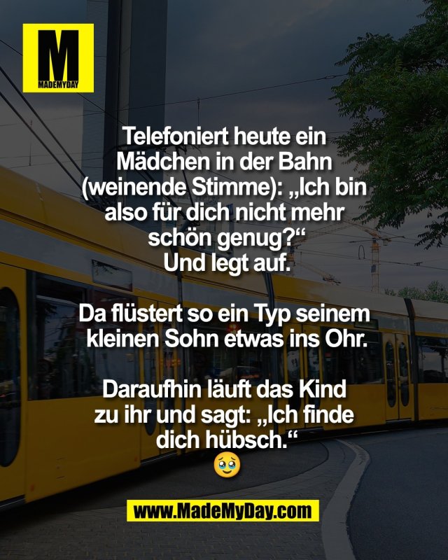Telefoniert heute ein <br />
M&auml;dchen in der Bahn <br />
(weinende Stimme): &bdquo;Ich bin <br />
also f&uuml;r dich nicht mehr <br />
sch&ouml;n genug?&ldquo;<br />
Und legt auf.<br />
<br />
Da fl&uuml;stert so ein Typ seinem <br />
kleinen Sohn etwas ins Ohr.<br />
<br />
Daraufhin l&auml;uft das Kind <br />
zu ihr und sagt: &bdquo;Ich finde <br />
dich h&uuml;bsch.&ldquo;<br />
<br />
🥹