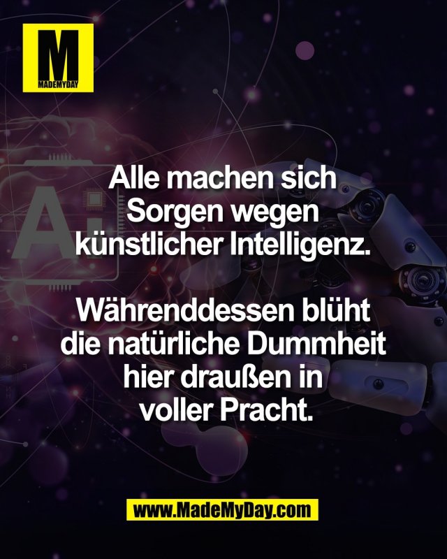 Alle machen sich <br />
Sorgen wegen <br />
k&uuml;nstlicher Intelligenz. <br />
<br />
W&auml;hrenddessen bl&uuml;ht <br />
die nat&uuml;rliche Dummheit <br />
hier drau&szlig;en in <br />
voller Pracht.