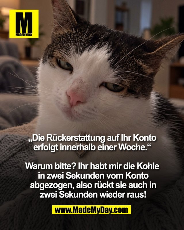 &bdquo;Die R&uuml;ckerstattung auf Ihr Konto <br />
erfolgt innerhalb einer Woche.&ldquo; <br />
<br />
Warum bitte? Ihr habt mir die Kohle <br />
in zwei Sekunden vom Konto<br />
abgezogen, also r&uuml;ckt sie auch in<br />
zwei Sekunden wieder raus!<br />
<br />
(BILD)
