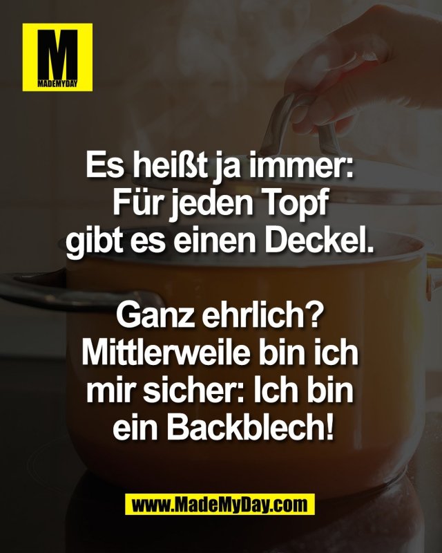 Es hei&szlig;t ja immer: <br />
F&uuml;r jeden Topf <br />
gibt es einen Deckel. <br />
<br />
Ganz ehrlich? <br />
Mittlerweile bin ich <br />
mir sicher: Ich bin <br />
ein Backblech!