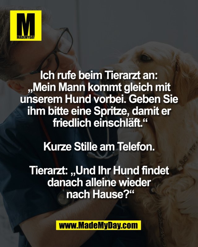 Ich rufe beim Tierarzt an: <br />
&bdquo;Mein Mann kommt gleich mit <br />
unserem Hund vorbei. Geben Sie <br />
ihm bitte eine Spritze, damit er <br />
friedlich einschl&auml;ft.&ldquo;<br />
<br />
Kurze Stille am Telefon. <br />
<br />
Tierarzt: &bdquo;Und Ihr Hund findet <br />
danach alleine wieder <br />
nach Hause?&ldquo;