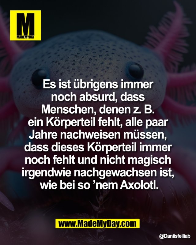 Es ist &uuml;brigens immer <br />
noch absurd, dass <br />
Menschen, denen z. B. <br />
ein K&ouml;rperteil fehlt, alle paar <br />
Jahre nachweisen m&uuml;ssen, <br />
dass dieses K&ouml;rperteil immer <br />
noch fehlt und nicht magisch <br />
irgendwie nachgewachsen ist, <br />
wie bei so &rsquo;nem Axolotl.