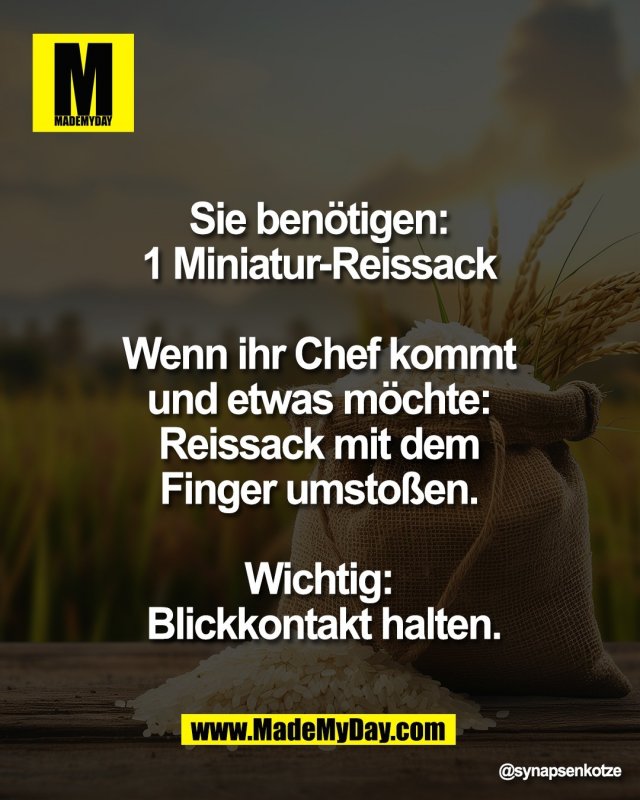 Sie ben&ouml;tigen: <br />
1 Miniatur-Reissack <br />
<br />
Wenn ihr Chef kommt <br />
und etwas m&ouml;chte: <br />
Reissack mit dem <br />
Finger umsto&szlig;en. <br />
<br />
Wichtig: <br />
Blickkontakt halten.