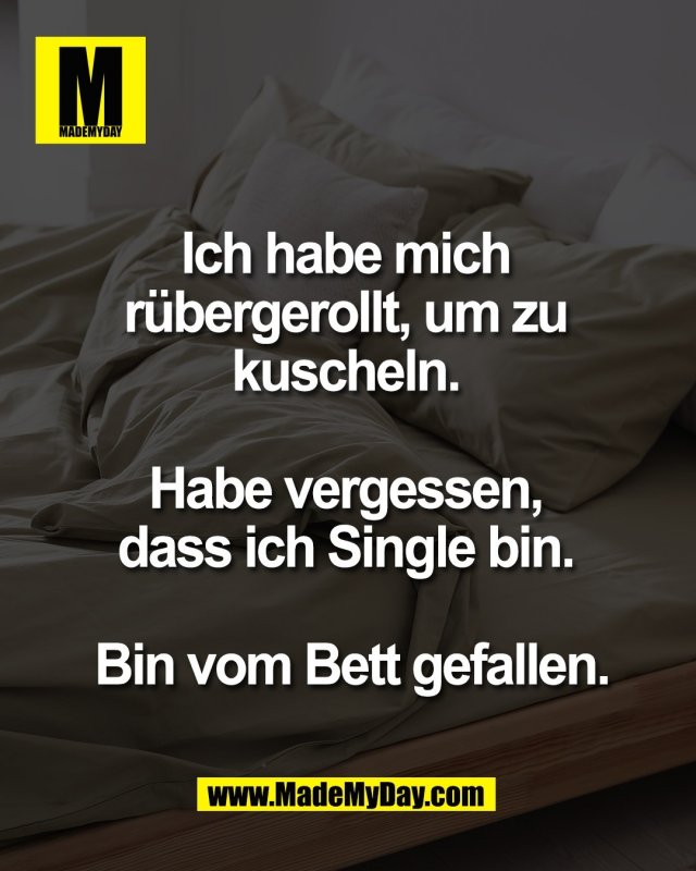 Ich habe mich <br />
r&uuml;bergerollt, um zu <br />
kuscheln. <br />
<br />
Habe vergessen, <br />
dass ich Single bin. <br />
<br />
Bin vom Bett gefallen.