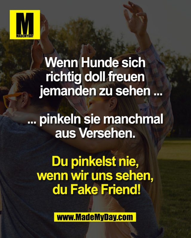 Wenn Hunde sich <br />
richtig doll freuen <br />
    jemanden zu sehen ... <br />
<br />
... pinkeln sie manchmal <br />
aus Versehen. <br />
<br />
Du pinkelst nie, <br />
wenn wir uns sehen, <br />
du Fake Friend!