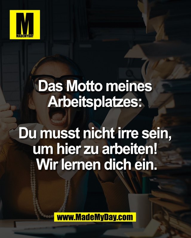 Das Motto meines <br />
Arbeitsplatzes: <br />
<br />
Du musst nicht irre sein, <br />
um hier zu arbeiten! <br />
Wir lernen dich ein.