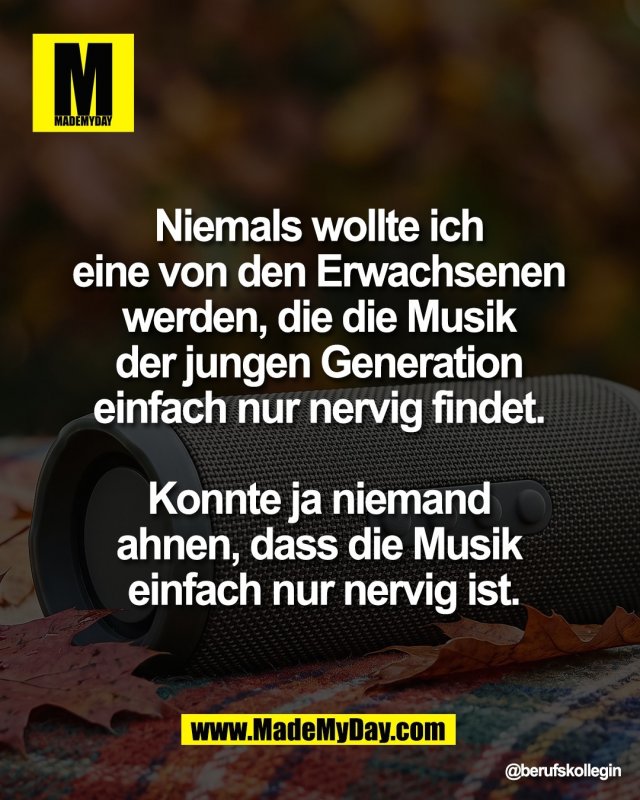 Niemals wollte ich <br />
eine von den Erwachsenen <br />
werden, die die Musik <br />
der jungen Generation <br />
einfach nur nervig findet. <br />
<br />
Konnte ja niemand <br />
ahnen, dass die Musik <br />
einfach nur nervig ist.